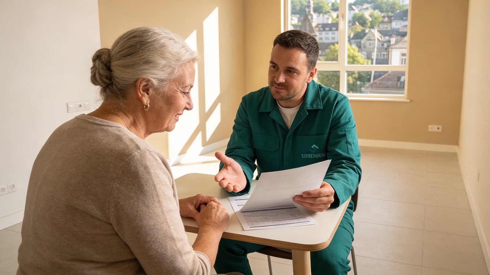 Persönliche Beratung zur Haushaltsauflösung – Sirrenberg Mitarbeiter erklärt einer Kundin den Ablauf